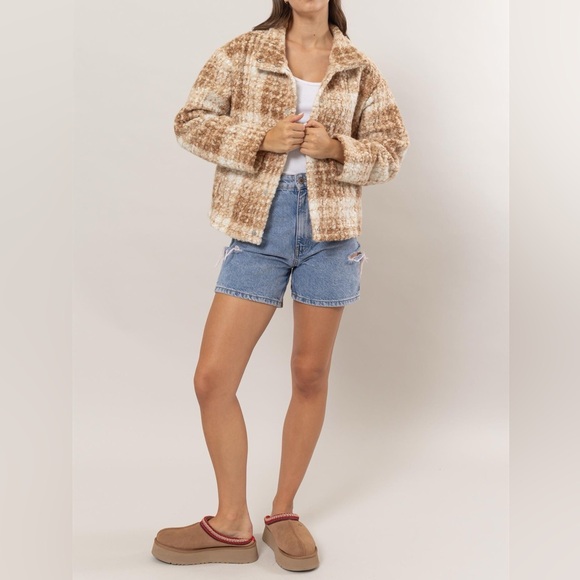 NWT HYFVE Brown Tan 90s Plaid Textured Cropped Boucle Jacket Coat - Picture 6 of 6